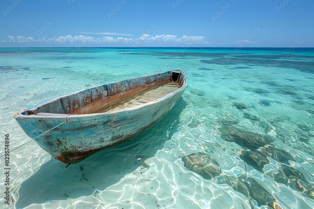 Naklejka premium An old wooden boat gently rests on crystal-clear shallow waters with a backdrop of a serene blue ocean and vibrant sky depicting a peaceful and idyllic coastal scene