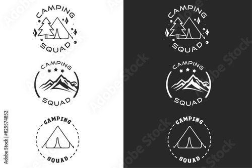 Camping squad lettering badge emblem poster design set.  Retro vintage aesthetic illustration. Outdoors quotes for matching family friends trip logo shirt design print vector. 