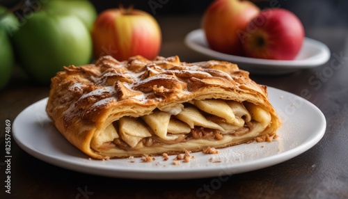 A plate of a pastry with apples on top