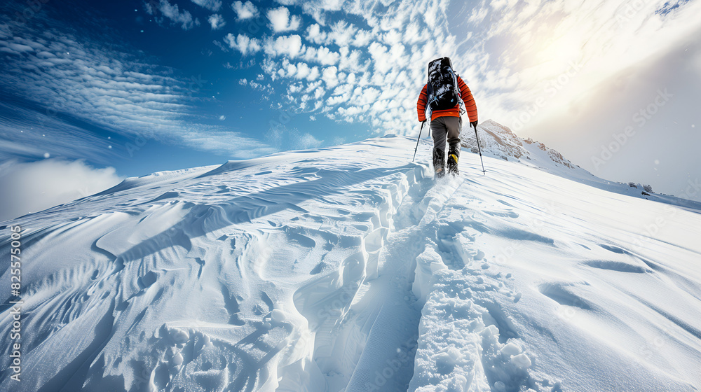 close up of a hiker ascending snowy mountain close up of a hiker ascending snowy mountain