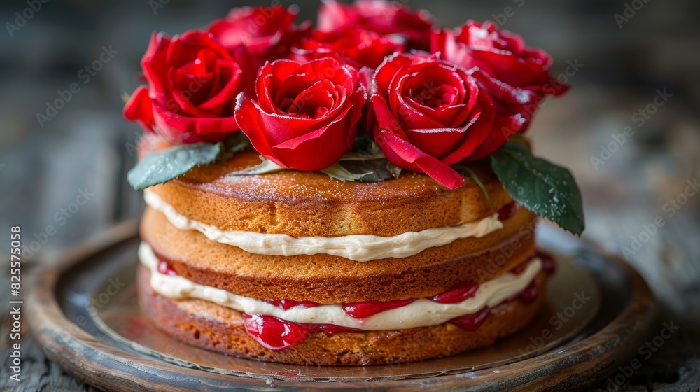 A beautifully decorated layered cake adorned with vibrant red roses arranged on top, set against a rustic wooden background, perfect for special occasions and celebrations A beautifully decorated layered cake adorned with vibrant red roses arranged on top, set against a rustic wooden background, perfect for special occasions and celebrations