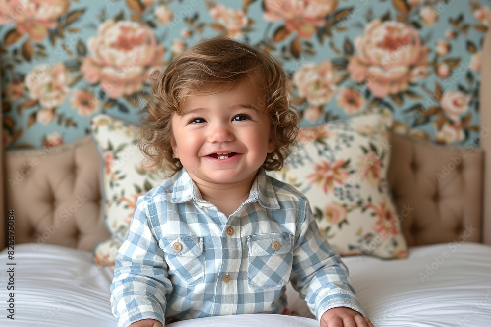 A joyful toddler with curly hair wearing a plaid shirt smiles brightly while sitting on a bed with floral-patterned pillows and wallpaper A joyful toddler with curly hair wearing a plaid shirt smiles brightly while sitting on a bed with floral-patterned pillows and wallpaper