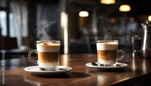 Two cups of coffee on a wooden table