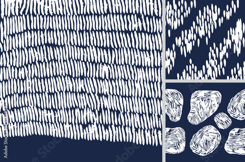 Hand made Japanese woodcut pattern in white and blue, simple elements style art for packaging or fabric