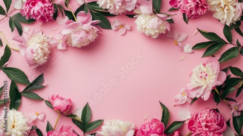 Frame made of beautiful peony flowers on pink background. Flat lay, copy space, summer flowers
