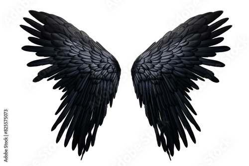 Majestic Black Wings Spread Wide. A pair of detailed, black bird wings with feathers fanned out on a transparent background. Perfect for concepts like freedom or fantasy-themed projects.