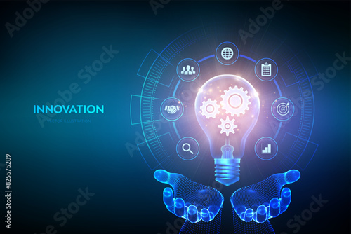 Innovation. Business innovative idea and solution concept. Creative Idea, inspiration. Brainstorming. Creativity. Light bulb with gears cogs inside in hands. Creative Thinking. Vector illustration.