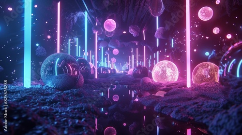 Neon lights and glowing orbs adorn the subatomic jungle gym creating an otherworldly atmosphere.