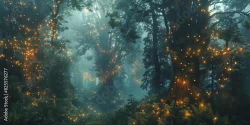 Magical forest with enchanted glowing lights in a misty, mysterious atmosphere, perfect for fantasy themes and nature scenes.