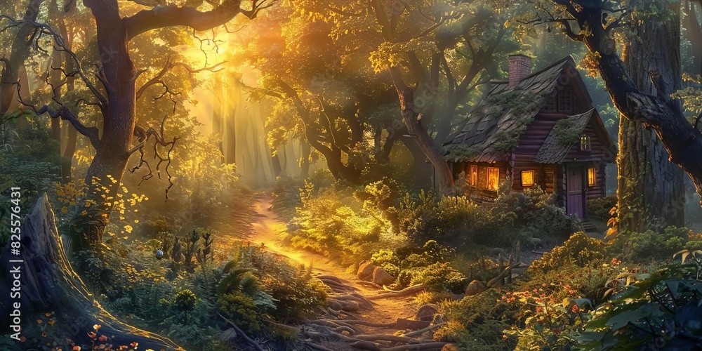 Sunlit forest path leading to a cozy cabin. The enchanting scene is bathed in warm golden light, creating a serene and magical atmosphere.