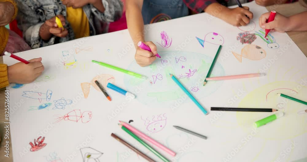 Children, friends and hands drawing for creative project or school academy for art class, learning or lesson. Pencils, colouring and paper or teamwork with childhood development, classroom or craft Children, friends and hands drawing for creative project or school academy for art class, learning or lesson. Pencils, colouring and paper or teamwork with childhood development, classroom or craft