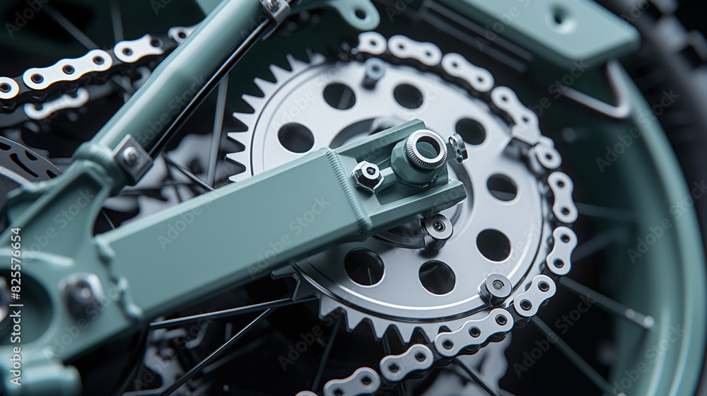 closeup product photo of the gear chain of a teal colored e-bike closeup product photo of the gear chain of a teal colored e-bike