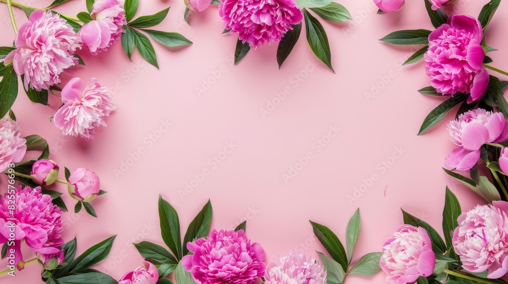 Frame made of beautiful peony flowers on pink background. Flat lay, copy space, summer flowers