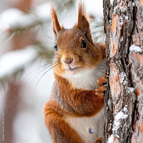 a squirrel is looking up from a tree in the snow