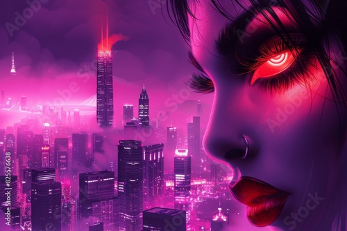 Magenta cityscape mirrored in a woman's eye, blending urban architecture with personal perspective
