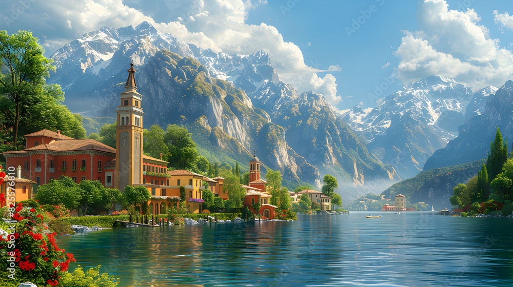 Naklejka premium A Scenic View of a Town Nestled on a Lake, Surrounded by Majestic Mountains