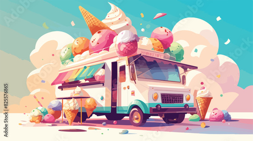 Ice cream food truck flat vector illustration isola photo