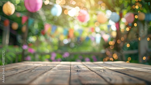 Wooden Table for Product Display Showcase Presentation in Garden with Birthday Party
