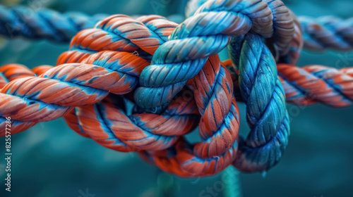 vibrant red and blue rope knots tied together symbolizing strength and unity