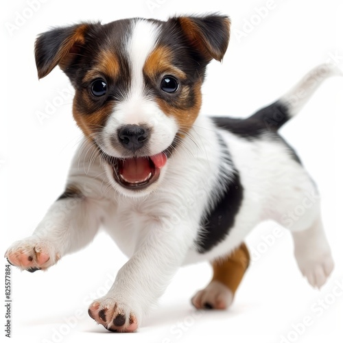 a small dog running and smiling on a white background