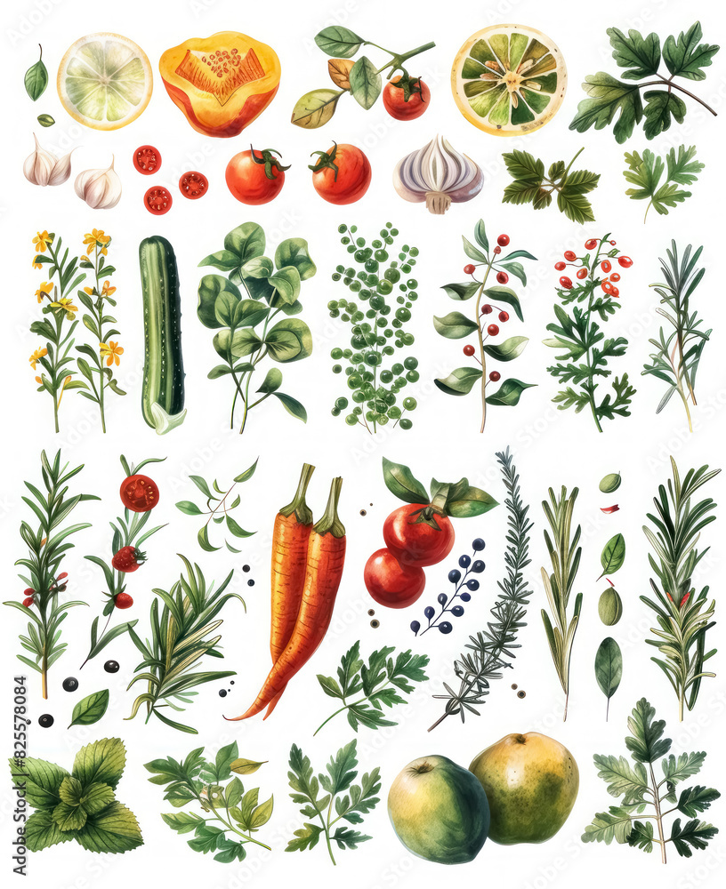 detailed botanical illustration of various vegetables and herbs detailed botanical illustration of various vegetables and herbs