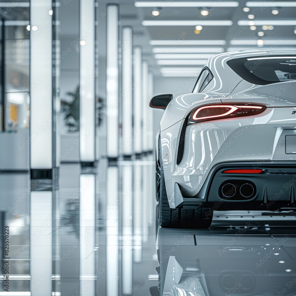 a white sports car parked in a showroom a white sports car parked in a showroom