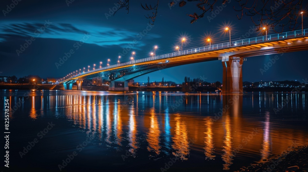 Fototapeta premium A beautifully lit bridge at night, with its lights reflecting on the water below