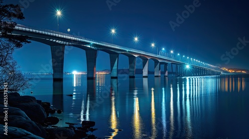 A beautifully lit bridge at night, with its lights reflecting on the water below
