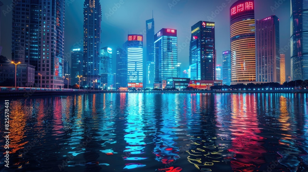 Fototapeta premium A bustling city at night, with skyscrapers and lights reflecting on the surface of a nearby river