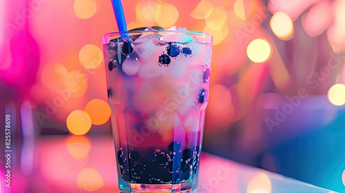 A delicious-looking bubble tea with a generous amount of tapioca pearls, against a bright, colorful background