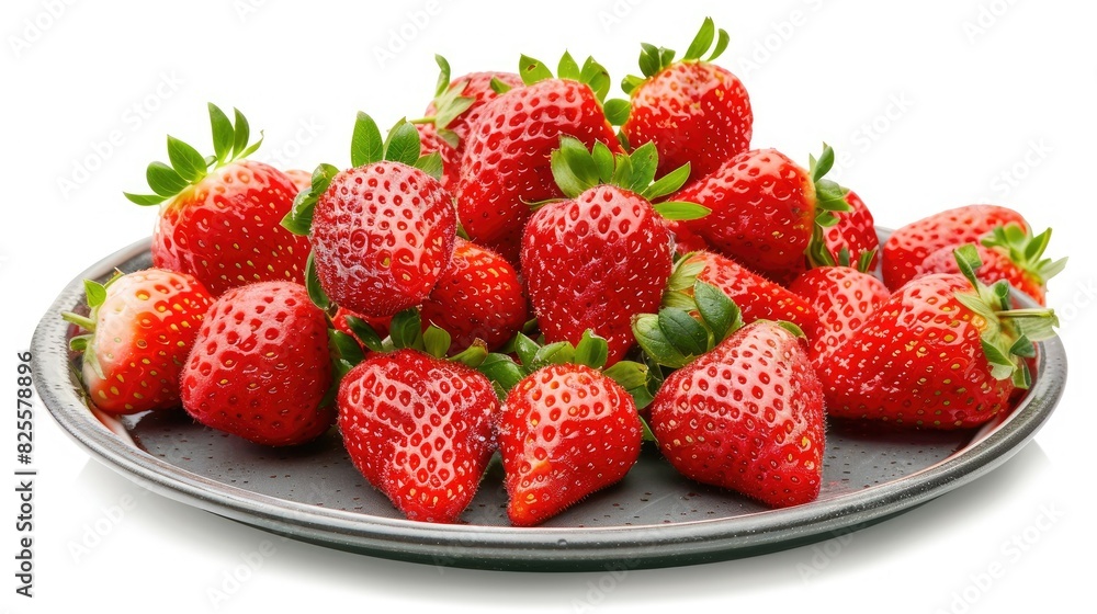 A heap of strawberries on a round plate, with a few scattered around, capturing their vibrant red color A heap of strawberries on a round plate, with a few scattered around, capturing their vibrant red color