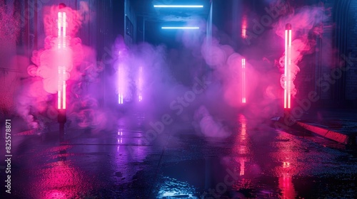 A neon sign with smoke and a purple light. The sign is lit up and the smoke is coming out of it