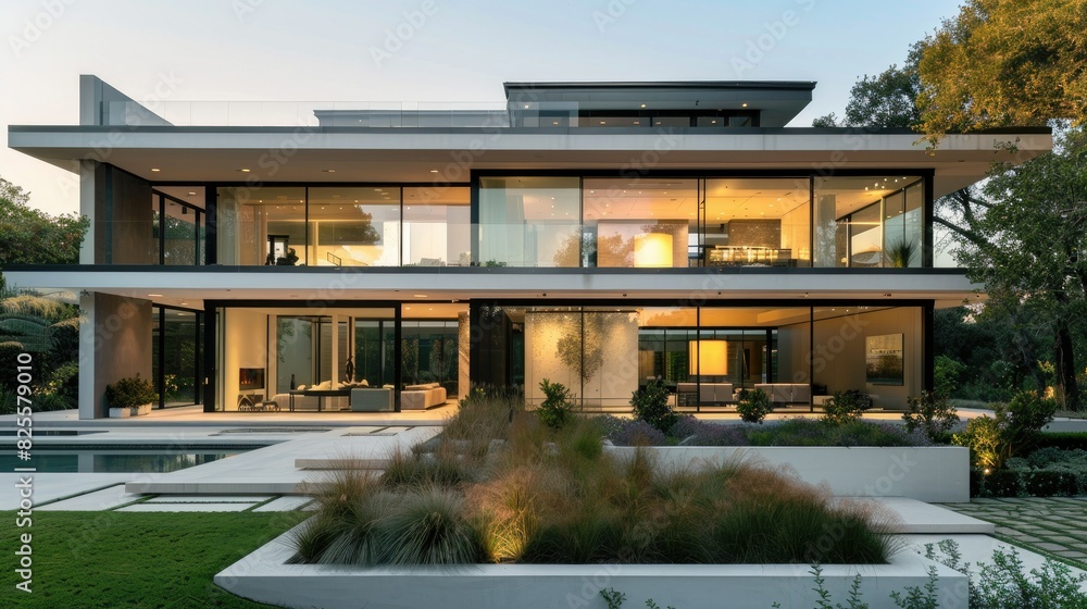 Obraz premium A modern, sleek house with large glass windows and minimalist landscaping, bathed in natural light