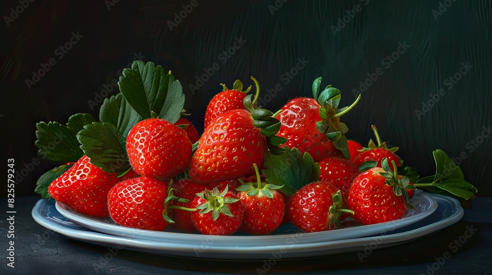 A plate of perfectly ripe strawberries, with a few leaves for garnish, set against a dark background A plate of perfectly ripe strawberries, with a few leaves for garnish, set against a dark background