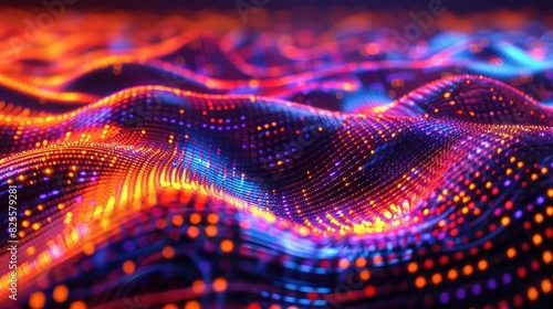 A colorful, abstract image of a wave with a blue and orange background. The image is full of dots and has a futuristic feel to it