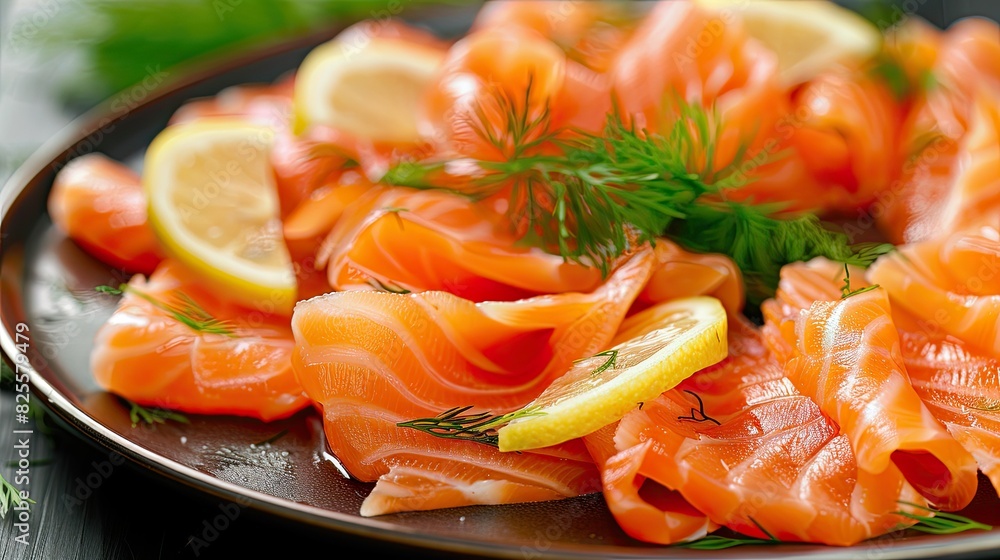 A serving of thinly sliced salmon, arranged elegantly with garnishes of lemon and dill sprigs