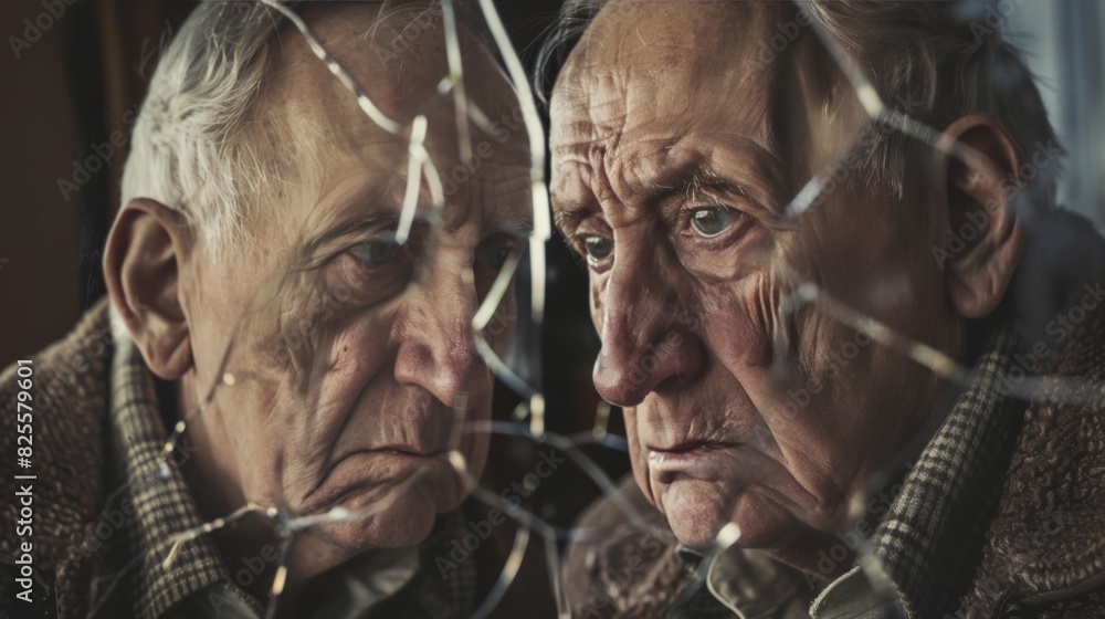 An image capturing the reflection of a pensive elderly man in a mirror, with the mirror's reflection showing missing pieces, representing the gaps in his memory and self-awareness.