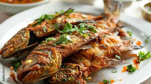 A white ceramic plate filled with crispy fried gourami fish, garnished with fresh herbs and served with a side sauce