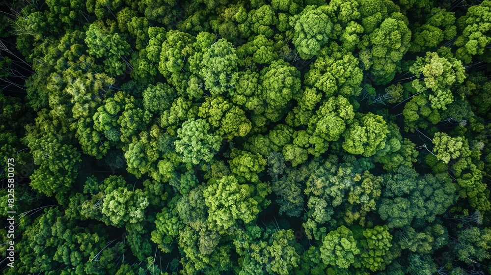 Aerial view of untouched, lush green forest canopy, stretching to the horizon in a tranquil landscape Aerial view of untouched, lush green forest canopy, stretching to the horizon in a tranquil landscape