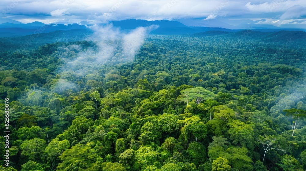 Aerial view of untouched, lush green forest canopy, stretching to the horizon in a tranquil landscape Aerial view of untouched, lush green forest canopy, stretching to the horizon in a tranquil landscape