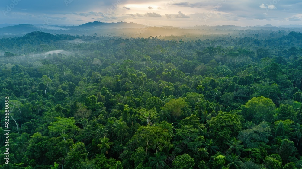 Aerial view of untouched, lush green forest canopy, stretching to the horizon in a tranquil landscape Aerial view of untouched, lush green forest canopy, stretching to the horizon in a tranquil landscape