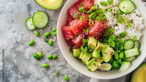 Aerial view of a delicious and healthy poke bowl with tuna, avocado, cucumber, and edamame on a bed of rice