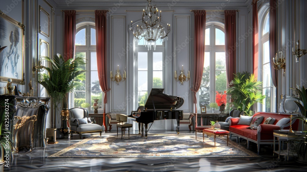 Fototapeta premium Living Room With A Grand Piano And Elegant Decor, Room Background Photos