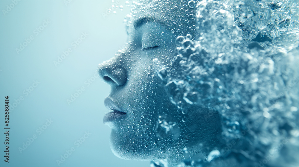 A womans face is peacefully covered in a flowing cascade of water, creating a serene and surreal visual experience A womans face is peacefully covered in a flowing cascade of water, creating a serene and surreal visual experience