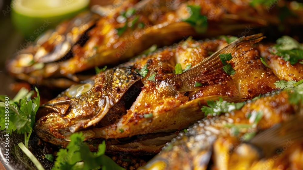 Close-up of a well-arranged dish of fried gourami fish, crispy and golden, with a garnish of cilantro and lime Close-up of a well-arranged dish of fried gourami fish, crispy and golden, with a garnish of cilantro and lime