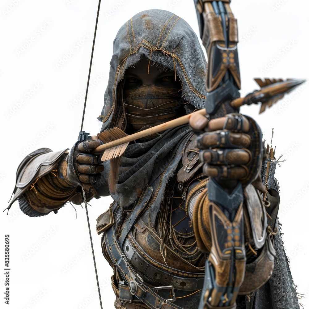Naklejka premium a statue of a man dressed in armor holding a bow and arrow, transparent background png