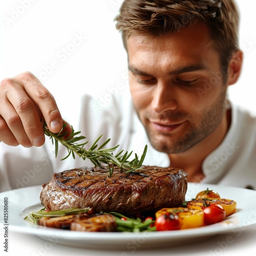 a man is preparing a meal with a piece of meat, transparent background png