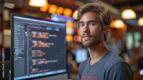 A young man in a casual grey T-shirt in front of a computer displaying code, possibly a software developer or programmer in a workspace. © Na-No Photos