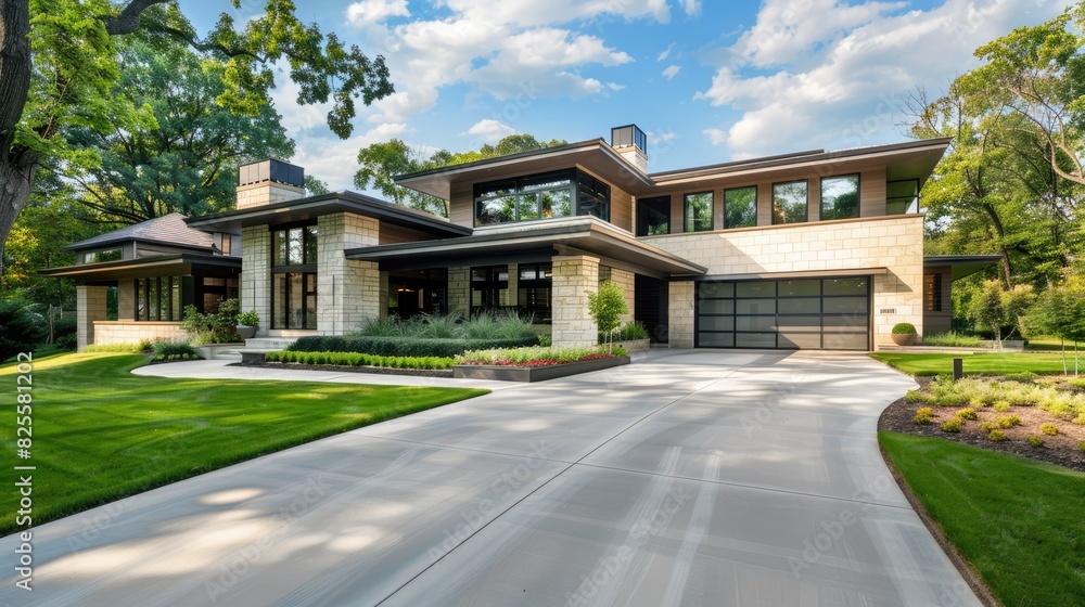 Exterior of a contemporary home with clean lines, a spacious driveway, and a beautifully manicured lawn Exterior of a contemporary home with clean lines, a spacious driveway, and a beautifully manicured lawn