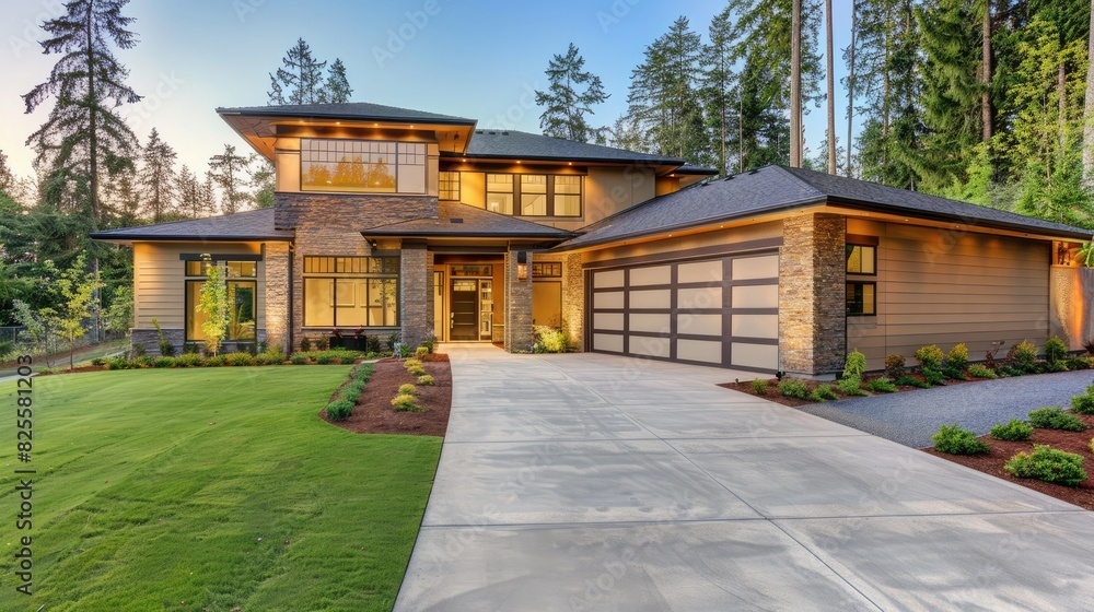 Exterior of a contemporary home with clean lines, a spacious driveway, and a beautifully manicured lawn Exterior of a contemporary home with clean lines, a spacious driveway, and a beautifully manicured lawn